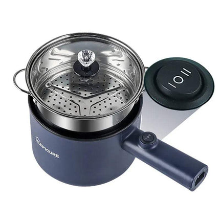 Blue Electric Hot Pot 1.8L with a steamer basket on a white background