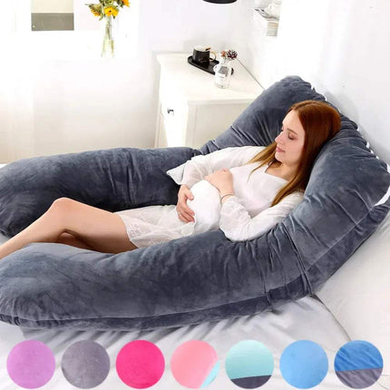 Woman lying on a large 130x70cm Pregnancy Pillow for Full-Body Support in a bedroom setting with color swatches at the bottom.