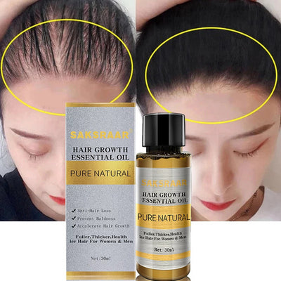 Hair Growth Oil for Thicker, Stronger, Healthier Hair showing before and after results with essential oil bottle.
