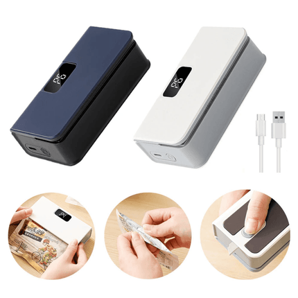 Kitchen Bag Sealer 2-in-1 Heat Sealer Cutter in black and white with USB rechargeable feature.