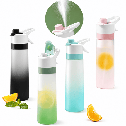 Spray Water Bottle 2-in-1 mist sports bottle display with different colors and fruit slices for cooling hydration. Astoria Lifestyle