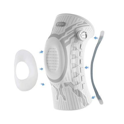 Adjustable Knee Brace with Patella Support Stabilizer showing design features and cushioning gel pad.