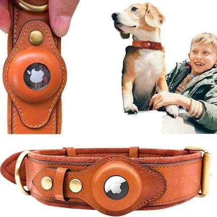 Leather AirTag Dog Collar featuring stylish design and secure Apple AirTag holder for pet tracking.