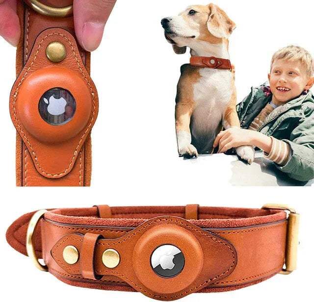 Leather AirTag Dog Collar featuring stylish design and secure Apple AirTag holder for pet tracking.