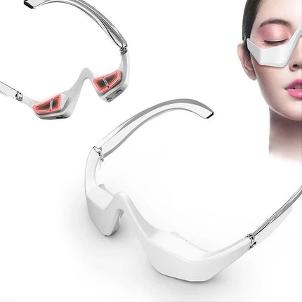 3D Red Light EMS Eye Massager glasses device with red light therapy for eye care, worn by a model. Astoria Lifestyle