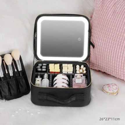 Cosmetic Bag with LED Light & Full-Screen Mirror showcasing organized cosmetics and a built-in mirror for convenience.