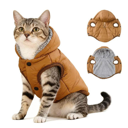 Cozy Hooded Pet Jacket for a cat, featuring a warm windproof coat and soft fleece lining, perfect for chilly weather.