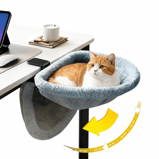 Foldable Cat Desk Bed with cozy hammock for cats, space-saving design attaches to desks for relaxation. Astoria Lifestyle