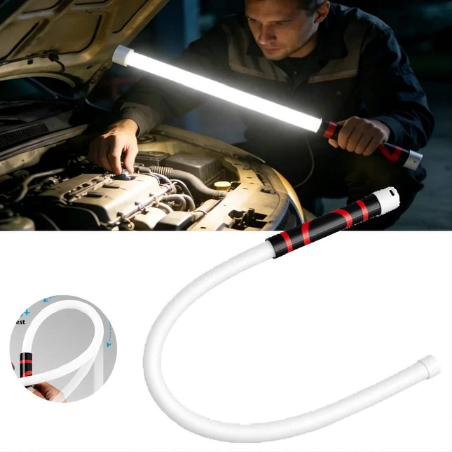 Flexible LED Work Light illuminating an engine compartment, showcasing its bendable design and rechargeable features. Astoria Lifestyle