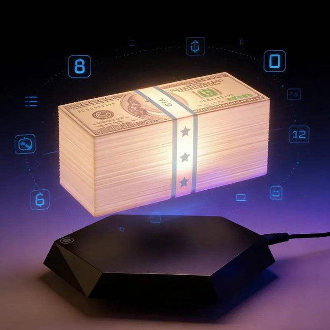 Floating Money Lamp showcasing a levitating stack of golden cash with ambient lighting. Astoria Lifestyle