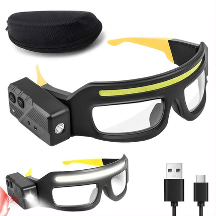 LED Headlamp Glasses with rechargeable features and USB charging cable for hands-free lighting.