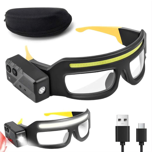 LED Headlamp Glasses with rechargeable features and USB charging cable for hands-free lighting.