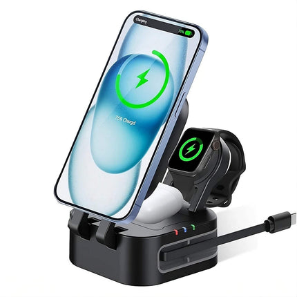Magnetic 3 in 1 Wireless Charger Station for phone, watch, and earbuds with charging indicators.
