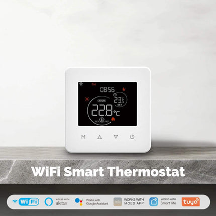 WiFi Smart Thermostat display showing temperature settings and compatible with Tuya app and voice assistants.