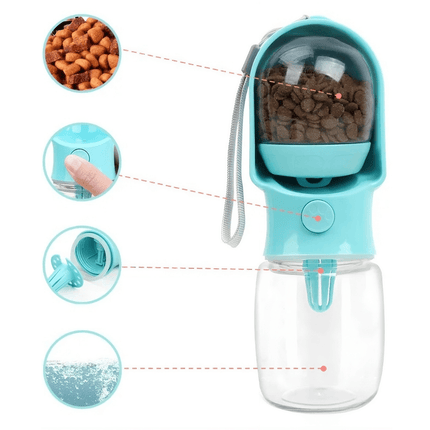 Portable Pet Water Bottle with food compartment and water dispenser for on-the-go pet hydration and feeding.