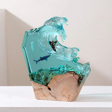 Sea Resin Ocean Figurine depicting a detailed ocean wave with colorful fish, perfect for desk decor. Astoria Lifestyle