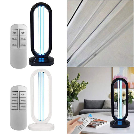 UVC Light Sanitizer with Remote Control shown in black and white for effective room disinfection and sanitization.