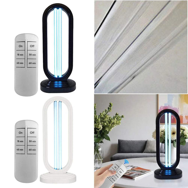UVC Light Sanitizer with Remote Control shown in black and white for effective room disinfection and sanitization.