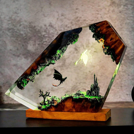 Dragon Resin Table Light LED fantasy night lamp decor showcasing a dragon and castle in vibrant colors. Astoria Lifestyle