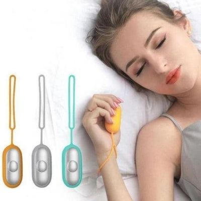 Hand-Held Sleep Aid devices in vibrant colors for faster, deeper sleep seen with a relaxed woman.