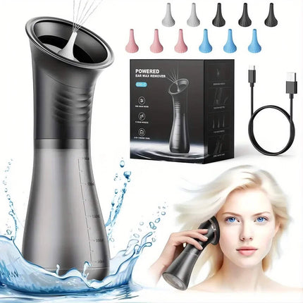 Ear Wax Water Flusher electric ear cleaning irrigation kit with accessories and user demonstrating safe ear cleaning.