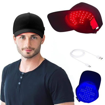 Hair Growth Red Light Cap with LEDs and USB, worn by a man, designed for hair growth and thicker hair.
