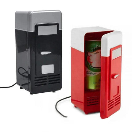 Mini USB Fridge for Beverages & Cans in black and red, showcasing a portable cooler and warmer for drinks.