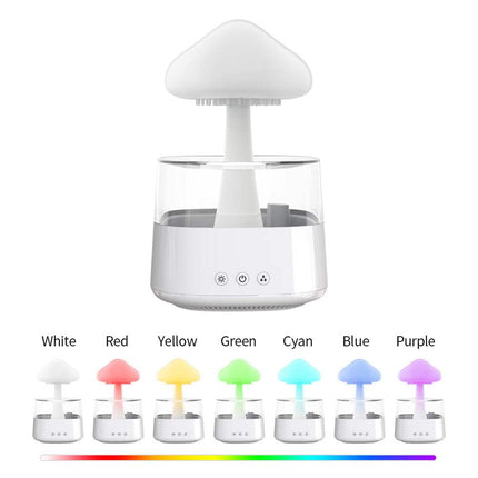 Mushroom Rain Air Humidifier in white with color options, providing mist and ambient light for relaxation. Astoria Lifestyle