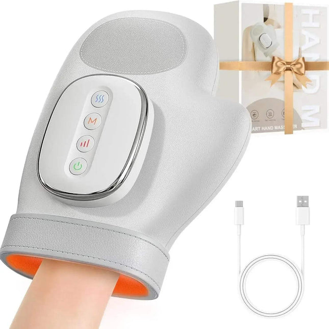Hand Massager with heat and compression features, designed for pain relief and improved circulation, shown with packaging and USB cable.