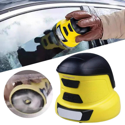 Electric Windshield Scraper in use, featuring a rotating disk for quick ice removal from car windows.