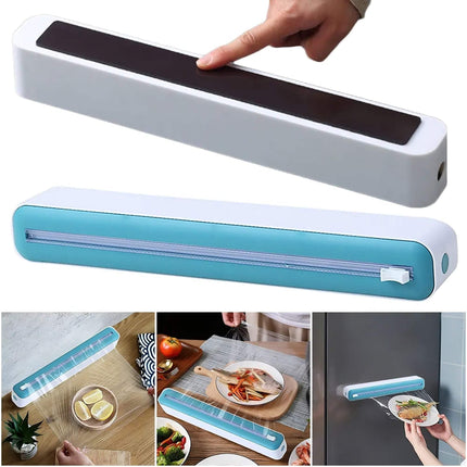 Foil and Plastic Wrap Organizer Magnetic Dispenser with Cutter for storing kitchen wraps and foils.