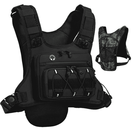 Hydration Backpack Vest in black and camouflage designs for running and hiking, featuring multiple storage compartments. Astoria Lifestyle