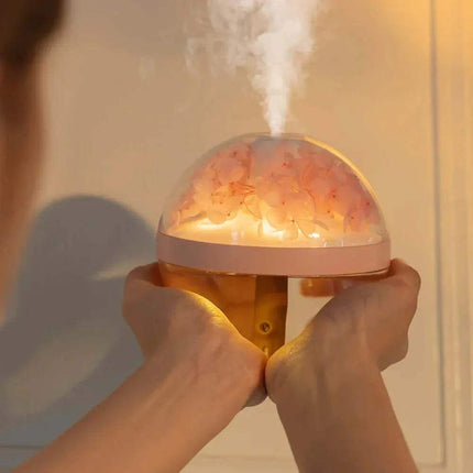 270ML Flower Air Humidifier Person holding a Himalayan salt lamp with steam coming out, against a neutral background