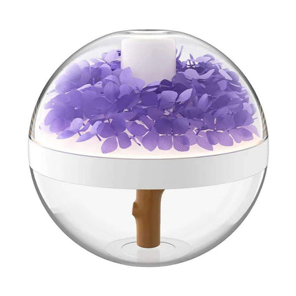 270ML Flower Air Humidifier Clear spherical container with purple flowers and a wooden stick on a white background