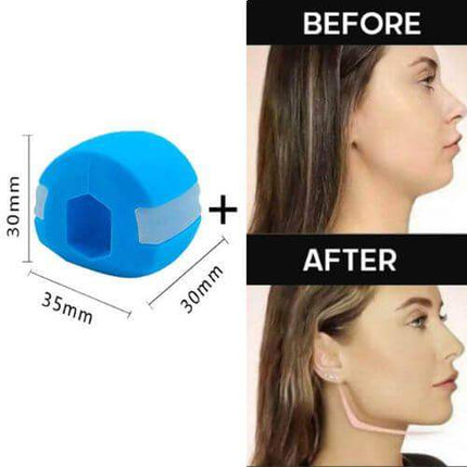 Jawline Trainer silicone chew pad for facial muscle toning, showcasing before and after jawline definition.