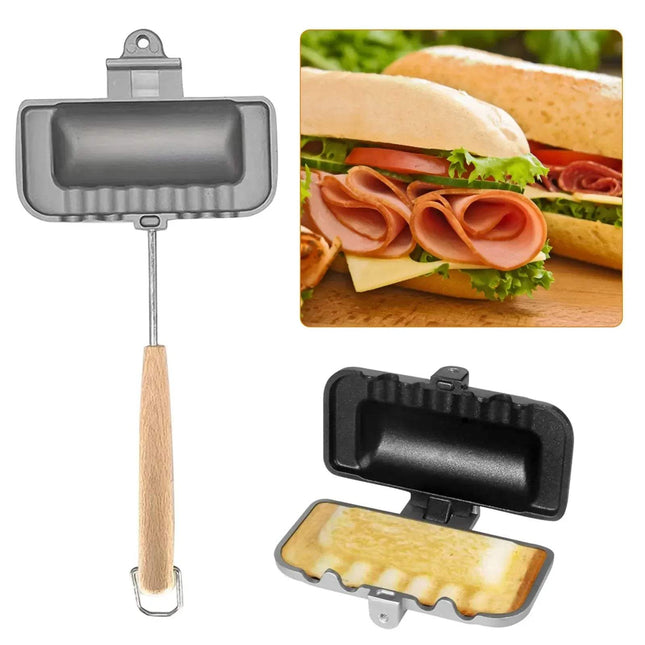 Double-Sided Non-Stick Foldable Sandwich Frying Pan Grill with wooden handle and sandwich in background. Astoria Lifestyle