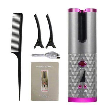 Cordless Hair Curler with accessories including comb, clips, USB cable and instruction manual for perfect curls anywhere.