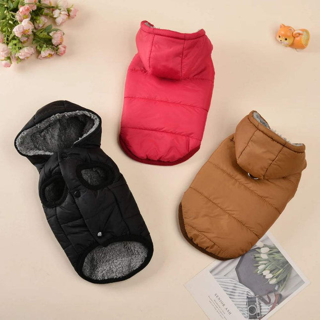 Cozy Hooded Pet Jacket in black, pink, and brown, perfect for keeping pets warm and stylish during chilly weather.