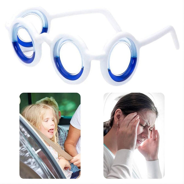 Glasses Against Motion Sickness designed to alleviate nausea and dizziness during travel with liquid-filled rings.