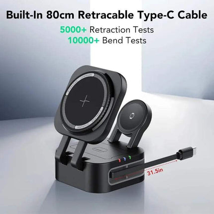 Magnetic 3 in 1 Wireless Charger Station with built-in 80cm retractable Type-C cable for easy charging.