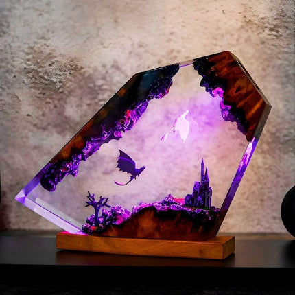 Dragon Resin Table Light glowing with LED, featuring fantasy scenery and a dragon silhouette, perfect for decor gift. Astoria Lifestyle