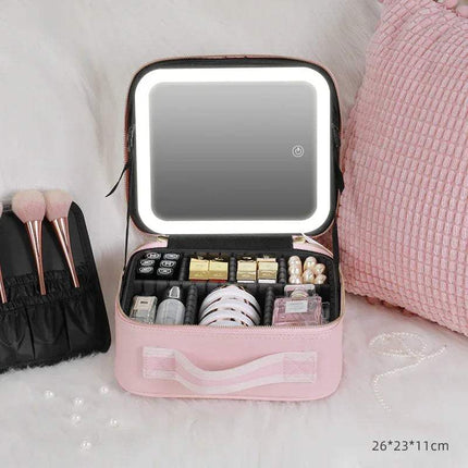 Cosmetic Bag with LED Light & Full-Screen Mirror Travel Makeup Storage opened, showcasing mirror and cosmetics.