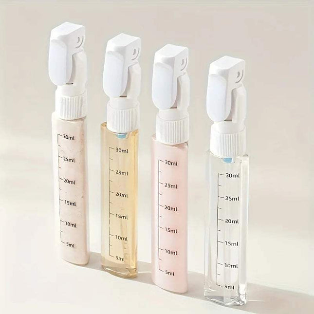 4-in-1 Travel Dispenser Bottle showcasing four clear bottles for shampoo, conditioner, lotion, and body wash.