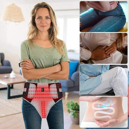 Red Light Heat Relief Wrap infrared heat massage therapy belt worn by a woman for pain relief and muscle relaxation. Astoria Lifestyle