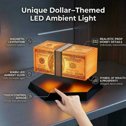 Floating Money Lamp with magnetic levitation and warm LED ambient light for a unique gaming desk decor. Astoria Lifestyle