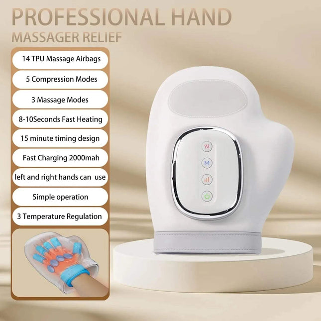 Hand Massager with heat and compression relief features 14 airbags, 5 compression modes, and fast heating for pain relief.
