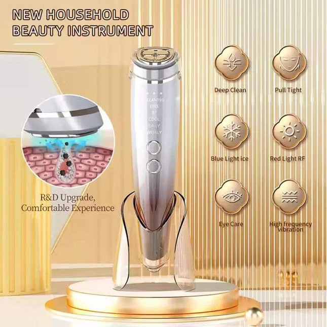EMS High Frequency Facial Massager displayed as a versatile 6-in-1 beauty tool for skin rejuvenation.