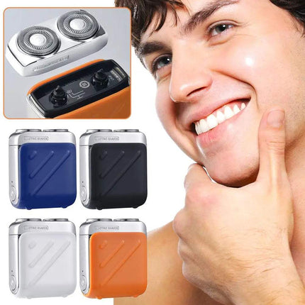 Mini Waterproof Electric Shaver in multiple colors with a man smiling after shaving.