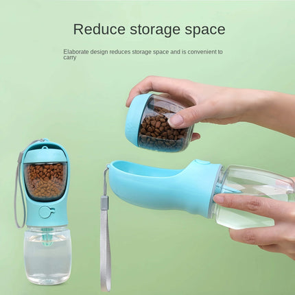 Portable Pet Water Bottle with detachable food container for travel. Convenient 2-in-1 design reduces storage space.