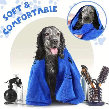 Dog Drying Towel wrapped around a happy dog, showcasing its soft and comfortable design for quick drying.